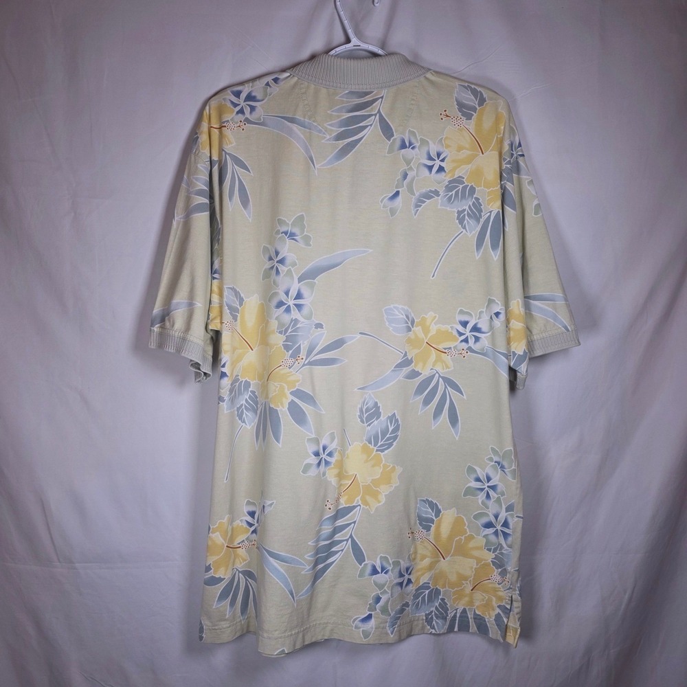 Tommy Bahama Floral Polo Shirt Mens Medium Tan Blue‎ Tropical Hibiscus Cotton - Picture 2 of 11